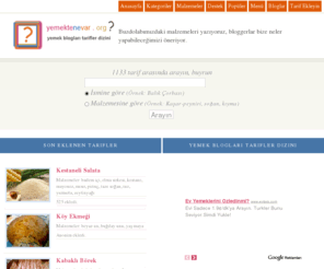 yemektenevar.org: yemektenevar.org
Yemek Blogları Tarifler Dizini. Buzdolabınızdaki malzemeleri yazıyorsunuz, bloggerlar size neler yapabileceğinizi öneriyor.