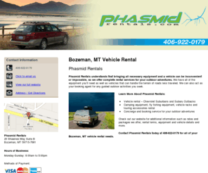 autorentalsbozemanmt.com: Vehicle Rental Bozeman, MT - Phasmid Rentals 406-922-0179
Phasmid Rentals provides Vehicle Rental - Chevrolet Suburbans and Subaru Outbacks to Bozeman, MT - Call 406-922-0179.