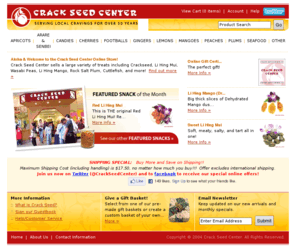 crackseedcenter.org: Crack Seed Center
Crack Seed Center specializes in local snacks from Hawaii and Asia.  We carry all types of mouthwatering goodies including crackseed, li hing mui, arare, rock salt plum, li hing mango, wasabi peas, wasabi peanuts, cuttlefish, and other dried fruits. 