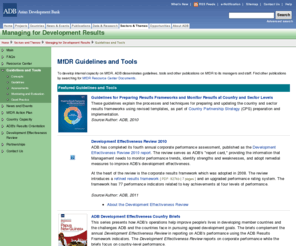 mfdr-learning.org: Guidelines and Tools - Managing for Development Results (MfDR) - ADB.org
To develop internal capacity on MfDR, ADB disseminates guidelines, tools and other publications on MfDR to its managers and staff. Most of these publications are accessible through the on-line Resource Center.