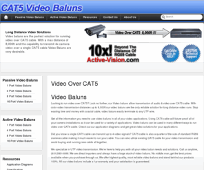 cat5videobaluns.com: Video Baluns, Video Over CAT5, CCTV Baluns
Specializing in video transmission for over 10yrs we offer the highest quality video baluns to transmit video over CAT5 cable. These CCTV baluns will help you future proof your installations and save money!