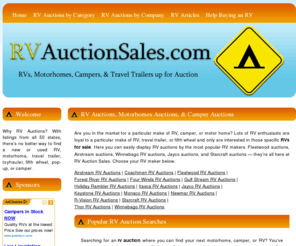 rvauctionsales.com: RV Auctions - Motorhomes, Campers, & Travel Trailers For Sale by Auction
RV auctions from all 50 states.  RVs, motorhomes, travel trailers, toyhaulers, fifth wheels, pop-ups, and campers for sale.