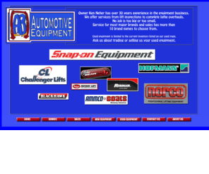 abautoequipment.com: FrontPage
AB Automotive Equipment is a sales and service company that handles most major brands of new and used  automotive equipment including Snap-On, Norco, Coats, Ammco, Ranger, Challenger, Robinair, John Bean, Blackhawk, and more.