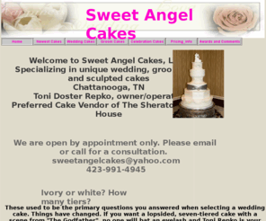 mysweetangelcakes.com: Sweet Angel Cakes/ Wedding Cakes/ Grooms Cakes/ Chattanooga, TN
Sweet Angel Cakes, LLC is a bakery located in Chattanooga, TN. Toni Doster Repko is the owner/operator. We specialize in unique wedding and grooms cakes as well as 3-D, sculpted cakes. Cakes on display at The Sheraton Read House, downtown Chattanooga.