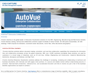 cad-visualisation.com: AutoVue  Enterprise Visualization solutions for the AEC, Engineering, Manufacturing and Electronics markets
Autovue, supplied by Cad-Capture, provides real-time collaboration via powerful viewing, markup and conversion features for hundreds of different CAD and file formats. With both a thick and thin client available it also links with key ERP, PLM and PDM systems to allow true enterprise wide cad-visualization of key documents and drawings.
