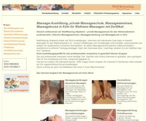 wellrelaxing.de: Massage-Ausbildung, Massageausbildungen, private Massageschule, Köln, Wellness, Massagekurse, Massageseminare
WellRelaxing Akademie - private Massageschule in Köln. Massage-Ausbildung, Seminare, Massagekurse, Massageseminare, Training in Wellnessmassage, Ayurveda-Massage, klassische Ganzkörpermassage, Fußreflexzonenmassage