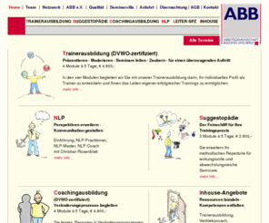 abb-seminare.de: ABB-Seminare in Pößneck: Trainerausbildung, NLP, Suggestopädie, Leiter-SPZ.
Herzlich Willkommen bei der ABB: Trainerausbildung, NLP, Suggestopädie, Leiter-SPZ.