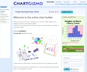 chartgizmo.com: ChartGizmo.com - Free online Chart service.
ChartGizmo - online charts builder. Creating charts and place them on your website in minutes. useful for visualize financial, scientific or other type of data. 