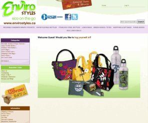 envirostyles.ca: EnviroStyles, Rethink, Restyle, Renew
EnviroStyles :  - Stainless Steel Bottles, Reusable Sandwich Wraps/ Pockets, Shopping & Gift Bags, Lunch Bags, Purse Hooks, Eco Lunch Deals, Green School Totes, Vapur Flexible Bottles, fashionable environmentally friendly alternatives