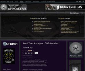 teamapocalypse.eu: Airsoft Team Apocalypse - CQB Specialists
Airsoft Team Apocalypse (ATAPOC) on nuorisolle suunnattu airsoft-yhdistys Oulussa. Pelaamme FunSoftia, eli pidämme hauskaa pelaamalla airsoftia.
Sinun ei tarvitse olla jäsen päästäksesi pelaamaan, tule käymään tai pyydä jotain jäsenistämme tuomaan mukanaan.

Järjestämme nuorisopelejä joka maanantai, keskiviikko ja torstai, klo 17-20 (K-12), sekä lauantaisin klo 12-15 (K-9).

Lisäksi tarjoamme mahdollisuuden yksityispeliin -synttärit, polttarit ym. juhlat!

Tervetuloa Hivelle