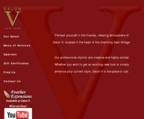 salonvstyle.com: SALON V - New York, New York
Salon V - Pamper yourself in the friendly, relaxing atmosphere of Salon V, located in the heart of the charming East Village. Our professional stylists are creative and highly skilled. Whether you wish to get an exciting new look or simply enhance your current style, Salon V is the place to call.