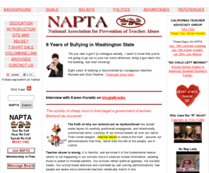 endteacherabuse.org: NAPTA: National Association for Prevention of Teacher Abuse
Information concerning teacher abuse is provided by NAPTA, The National Association for Prevention of Teacher Abuse, with the intent to force change.