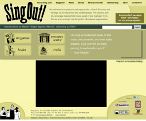 singout.org: Sing Out!
Sing Out! is a not-for-profit educational organization. We publish Sing Out! magazine, folksong collections (including 'Rise Up Singing'), and maintain a collection of folk music research materials.