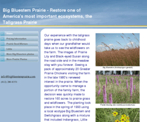 bigbluestemprairie.com: Big Bluestem Prairie
Big Bluestem Prairie sells native grasses, CRP grass seed and wildflowers for CRP, prairie restoration and wildlife habitat especially pheasants and prairie chickens.