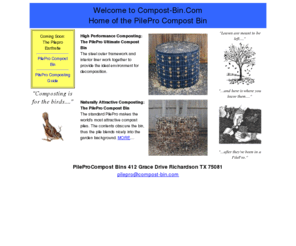 compost-bin.com: PilePro Compost Bins Website Homepage
This website markets the pilepro compost bin and describes how to make compost with the PilePro Compost Bin