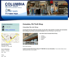 reuzitcolmbia.com: Thrift Shop Columbia, PA  - Columbia Re-Uzit Shop
Columbia Re-Uzit Shop provides clothing, house wares, and books to Columbia, PA. Call 717-684-7621  for more details.