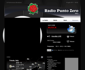 radiopuntozero.it: Radio Punto Zero Tre Venezie - Xtreme radio
Radio Punto Zero Tre Venezie, Musica, Notizie, Sport, classifiche, calor latino, radiocronaca Triestina calcio, radio ufficiale Triestina, radiocronache Udinese, Barcolana e Nation's Cup, 101.1 101.3 101.5 e in streaming radio, Trieste, Slovenia, Coste dell'Istria 101.1 - 101.5 MHz Udine, Pordenone, Gorizia, Treviso, Padova, Venezia 101.3 MHz Cortina 101 MHz, Sappada 101.3 MHz, DAB+ Radio digitale, Aeranti corallo, Radio Punto Zero nasce ufficialmente a Trieste il 13 agosto del 1977, quando un gruppo di 13 baldi giovanotti decide di cimentarsi con l’etere radiofonico, dando inizio alle trasmissioni , con trasmettitori di pochi watt piazzato all’interno di un vecchio frigorifero posto in giardino, quasi a sfidare la sorte alle ore 13, in quella giornata mettono in piedi la prima di una lunghissima serie di trasmissioni. Nasce così l’emittente radiofonica più longeva della provincia triestina e del Friuli Venezia Giulia. Nata infatti come radio locale, Radio Punto Zero in poco tempo riesce a conquistare, grazie all’abilità e alla bravura, di quel gruppo di amici un ottimo dato d’ascolto che le permette di allargare rapidamente il suo raggio di’azione. Da quel pomeriggio sono trascorsi 31 anni e oggi l’emittente è una realtà di consolidato spessore a livello triveneto in un settore come quello delle emittenti radiofoniche private diventato sempre più competitivo.