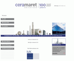 maret.ch: Technische Keramik Bearbeitung - Ceramaret Präzisionskeramik
Technische Keramik Bearbeitung: Ceramaret ersinnt und produziert Keramik Komponenten(Aluminiumoxid, Zirkonoxid), Synthetischer Saphir und Rubin