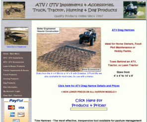 atvdragharrow.com: ATV Drag Harrows, Ranch and ATV Equipment, Manure Spreaders, Rubber Flooring and Horse Walkers.
AtvDragHarrow.com is a horse and ranch store specializing in tine harrows, manure spreaders, horse walkers, stall mats and rubber flooring, ATV implements, automatic waterers, fans, infrared heaters, fencing, livestock waterers, round pens, sprayers, stall fronts, utility carts, and many other items.