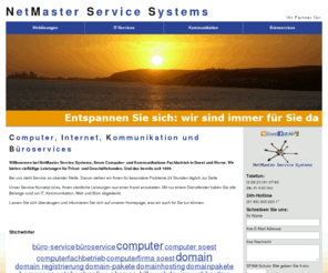 netmaster-online.de: NetMaster Service Systems, Soest und Werne - EDV, Internet, Kommunikationstechnik in Soest und Werne
NetMaster Service Systems, Soest und Werne ist Ihr Partner für EDV, Webdesign, Domainhosting, Tarifberatung, Mobilfunk und Festnetz, sowie Navigation. Wir sind 24 Stunden täglich für Sie erreichbar. www.netmasterservice.com.