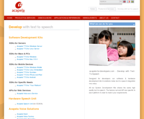 acapela-for-developers.com: Acapela Group : Develop with text to speech
Acapela Group : Develop with text to speech