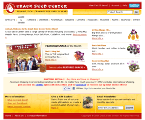 crackseedcenter.net: Crack Seed Center
Crack Seed Center specializes in local snacks from Hawaii and Asia.  We carry all types of mouthwatering goodies including crackseed, li hing mui, arare, rock salt plum, li hing mango, wasabi peas, wasabi peanuts, cuttlefish, and other dried fruits. 