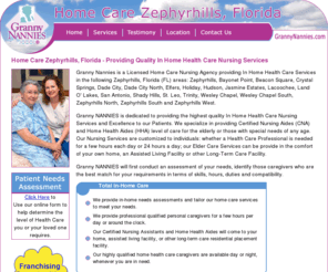 homecarezephyrhillsfl.com: Home Care Zephyrhills, Florida - Providing Quality In Home Health Care Nursing
Granny Nannies is a Licensed Home Care Nursing Agency providing In Home Health Care Services in the following Zephyrhills, Florida (FL) areas: Zephyrhills, Bayonet Point, Beacon Square, Crystal Springs, Dade City, Dade City North, Elfers, Holiday, Hudson, Jasmine Estates, Lacoochee, Land O' Lakes, San Antonio, Shady Hills, St. Leo, Trinity, Wesley Chapel, Wesley Chapel South, Zephyrhills North, Zephyrhills South and Zephyrhills West.