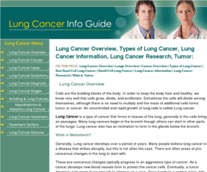 lung-cancer-info-guide.com: Lung Cancer Info Guide – Overview, Types, Symptoms and Treatments of Lung Cancer
Get answers to all your questions about lung cancer. Lung cancer information includes overview of lung cancer, lung cancer types, how to get lung cancer information, lung cancer research and tumor. 