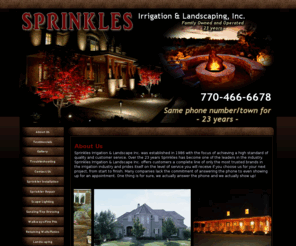 sprinklesirrigation.com: Sprinkles Irrigation & Landscaping
Sprinkles Irrigation & Landscaping has been designing, installing, services and repairs lawn sprinklers and irrigation systems in Atlanta.
