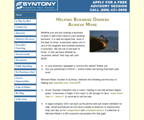 michaelakbar.com: Syntony Business Advisors, LLC - Small Business Advice and Hands-on Help that Works
Free consultation, independent & unbiased advice, hands-on help from seasoned executives turns this to your best year ever.  Find out if you qualify for BSP