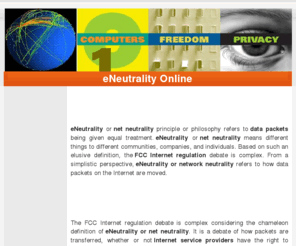 eneutrality.com: eNeutrality Online
eNeutrality or net neutrality principle or philosophy refers to data packets being given equal treatment. /> 
<meta name=