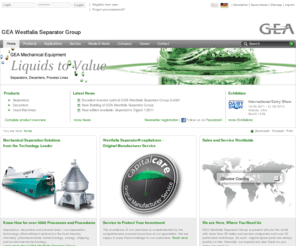 westfaliaseparator.com: GEA Westfalia Separator Group - Separators, Decanters, Process Lines - Mechanical Separation Technology with Centrifuges
The technology leader in centrifugal separation technology runs over 3000 processes and procedures for the food industry, chemistry, pharmaceuticals, biotechnology, energy, shipping and environmental technology