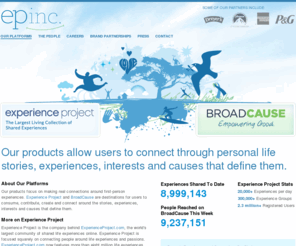 eprojectinc.com: Experience Project Incorporated | Corporate Site
Learn about Experience Project, Incorporated. Follow our latest press, see job opportunities, meet the executive team, and learn about our corporate philosophy and web properties.