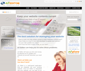 ezeditor.net: eZ Editor - Content Management System - Home
eZ Editor is a web-based application that we integrates into your existing website. Once eZ Editor is integrated into your website, you can login as an administrative user and edit the contents of any page connected to the editor. eZ Editor Toolbar provides all of the controls neccessary to edit pages like a pro web developer without any HTML knowledge.
