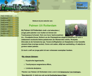 palmenuitrotterdam.nl: Palmen Uit Rotterdam
Bij Palmen Uit Rotterdam koopt u de bekendere (jonge) palm-planten, palmbomen en overige exoten, zoals de Trachycarpus fortunei voor buiten en de Chameadorea metallica, Caryota mitis, Goudpalm ( kamerpalmen )en de Chameadora seifrizii (bamboe) voor binnen. Maar ook de zeldzamere exotische, tropische soorten zoals de Bismarckia nobilis, Wodyetia bifurcata en de Cocos weddiliana. Tevens u leverancier van Camellia sinensis thee en de Coffea arabica. Soms ook zaden, coco-potgrond en overige kweek benodigheden, altijd een aanbieding, of setprijs. Eenvoudig bestellen via de Webwinkel.