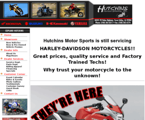 hutchinsmotorsports.com: Yucca Valley, California, Honda, Kawasaki, Yamaha, ATV, motorcycle, utility vehicle, dealer, used, financing,  Suzuki, scooter
Hutchins Motorsports Inc., Yucca Valley, CA, dealer, used, ATV, motorcycle, scooter, utility vehicle, Honda, Kawasaki, Suzuki, Yamaha, financing