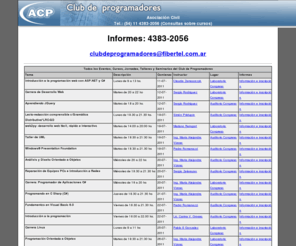 clubprogramadores.com.ar: Club de Programadores
El Club de Programadores constituye una herramienta de vinculación y capacitación, para quienes se dedican a la programación, sistemas, computación, informática y desarrollo web.