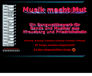 musik-macht-mut.de: Songwettbewerb Musik macht Mut - Startseite
Musik macht Mut - ein Songwettbewerb für Bands und Interpreten aus Friedrichshain und Kreuzberg