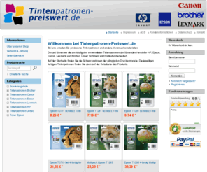 tintenpatronen-preiswert.de: Tintenpatronen-Preiswert.de - Verbrauchsmaterial zu günstigen Konditionen
Willkommen bei Tintenpatronen-Preiswert.de
 Bei uns erhalten Sie preiswerte Tintenpatronen und andere Verbrauchsmaterialien. 
 Derzeit führen wir die am häufigsten verwendeten Tintenpatronen der führenden Hersteller HP, Epson, Canon, Lexmark und Brother. Unser Sortiment wird fortlaufend erweitert.
 Auf der Startseite finden Sie die Schwarzpatronen der gängigsten Druckermodelle. Die jeweiligen farbigen Tintenpatronen finden Sie dann auf der Detailseite des Produkts.
