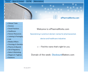 oncologydrugdiscovery.com: Home ePharmaWorks.com - ePharmaWorks.com
Premium pharma, biotech, device and healthcare domain names for sale.
