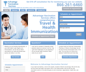 californiavaccinations.com: Home | Advantage Vaccination Services| California Vaccinations
Advantage Vaccination Services can help you with all your health and travel vaccination need. Schedule your appointment today and get $10 off when you mention you saw our website.