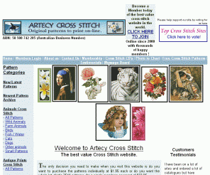 artecy.com: Artecy Cross Stitch. Free cross stitch patterns fortnightly.
Free cross stitch patterns every two weeks. Hundreds of other affordable cross stitch patterns.