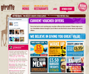 giraffelove.co.uk: Giraffe Restaurants - Member Signup / Hug Club
Giraffe restaurants offer feel-good food and music, friendly teams and a menu including brunch, burgers, stir-fries and salads.