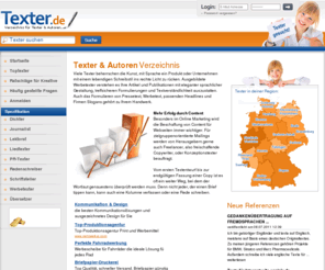 texter.de: Texter.de - Verzeichnis für Texter & Autoren seit 1998
Texter- und Werbetexter-Verzeichnis Deutschland und deutschsprachig