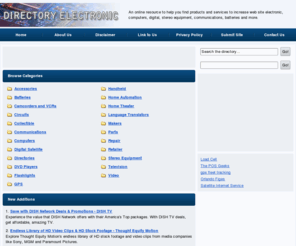 directoryelectronic.com: Electronic Directory
DirectoryElectronic.com - The online largest web directory of electronic present to accessories, batteries, blank audio, wireless, digital satellite, television, stereo, DVD players, MP3 players, television & home automation.