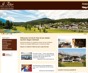 vierstern.com: Hotel in Seefeld: Hotel St. Peter de luxe **** - Urlaub in Seefeld, Tirol, Österreich, Austria
Das Hotel St. Peter **** de luxe  liegt inmitten der herrlichen Landschaft der Olympiaregion Seefeld mit direktem Blick auf das Seekirchl, dem Wahrzeichen von Seefeld.