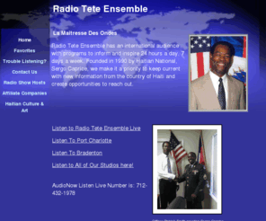 radioteteensemble.com: Radio Tete Ensemble
Sergo, caprice, haitian, creole, french, christian, lord, jesus, 95.3 mhz, sca, 67 khz, florida, radio, Sergo caprice