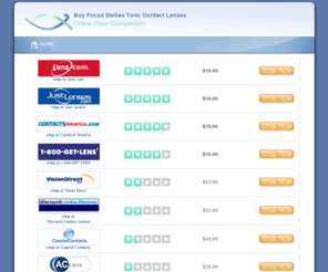 buyfocusdailiestoric.com: Buy Focus Dailies Toric Contact Lenses with online sales and discounts.
Focus Dailies Toric lenses are one of the most popular Toric contact lenses produced by CIBA Vision, a leader in lens production.  Find the lowest online price for Focus Dailies Toric made by CIBA Vision.