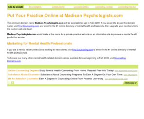 madisonpsychologists.com: Madison Psychologists - Madison Psychologists.com - Put Your Practice Online Now
Build your own therapy marketing web site at Madison Psychologists.com.