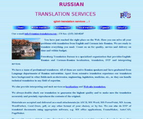 russian-translators.com: Russian translation
Russian translation services. English-Russian, Russian-english translation. Credit cards are accepted online. Translation of websites, localization. Certified translation of Russian documents for visas. 